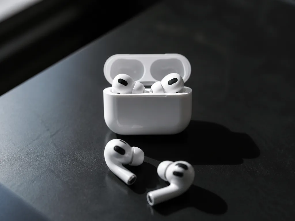 AirPods Pro med öppet laddningsetui på mörk yta i naturligt sidoljus