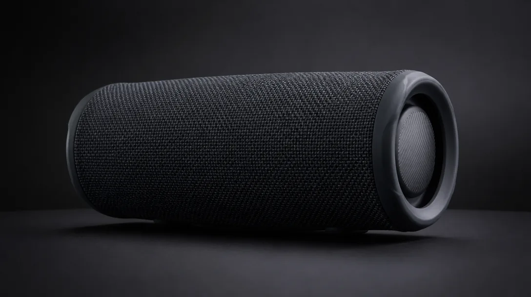 JBL bluetooth-högtalare i mörk studiomiljö med fokusljus på cylindrisk tygklädd konstruktion