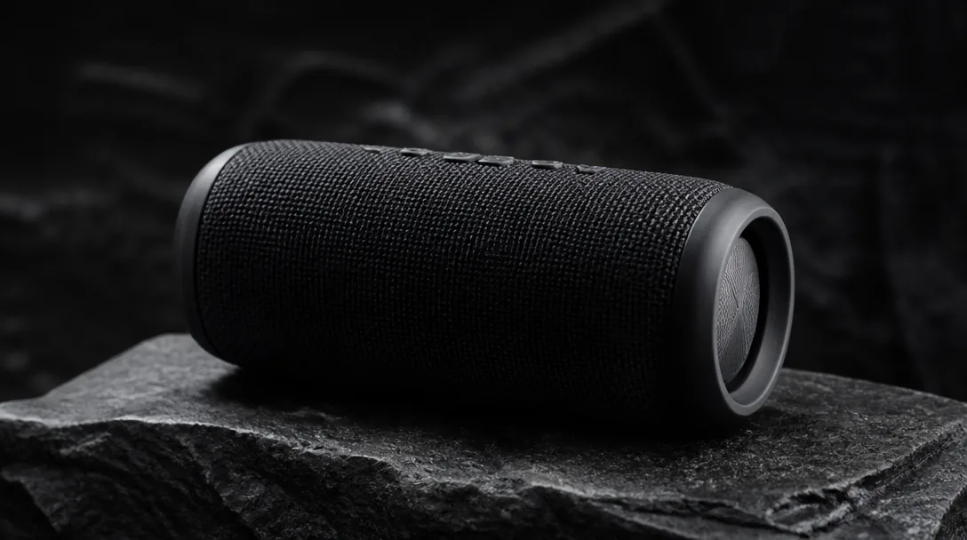 JBL bluetooth-högtalare på mörk stenyta med dramatiskt fokusljus i studiomiljö