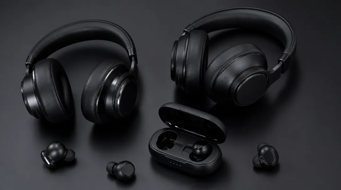 JBL trådlösa in-ear hörlurar på mörk studiobakgrund med dämpat fokusljus