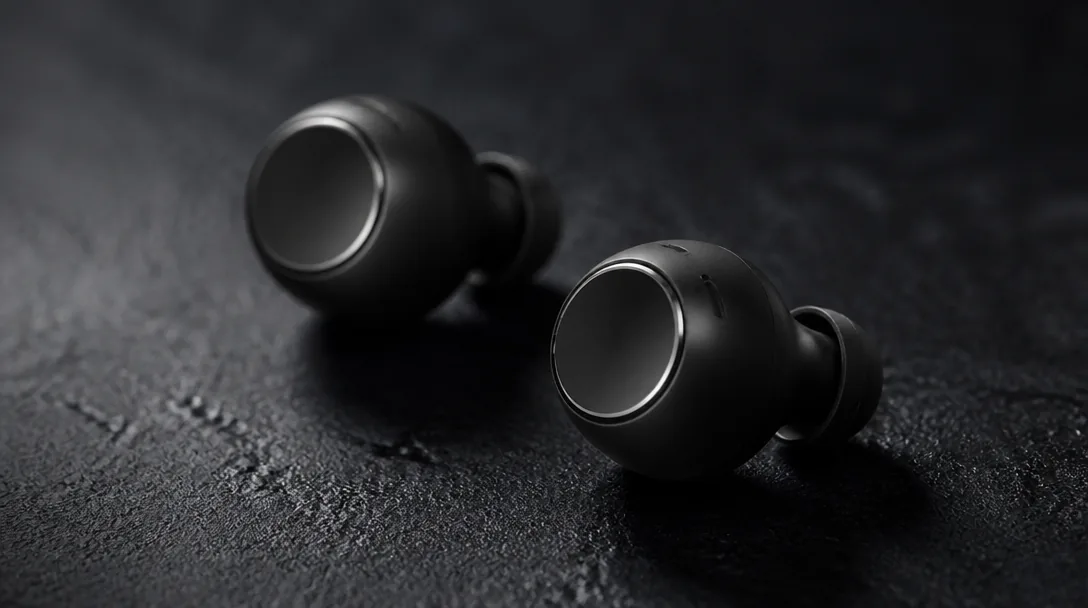 JBL true wireless in-ear hörlurar på mörk texturerad yta i studiomiljö med dämpat fokusljus