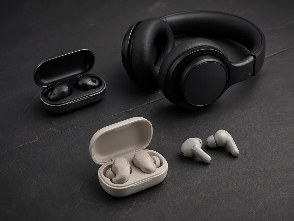 Trådlösa earbuds och over-ear-hörlurar arrangerade på mörk skiffer – produktfotografi