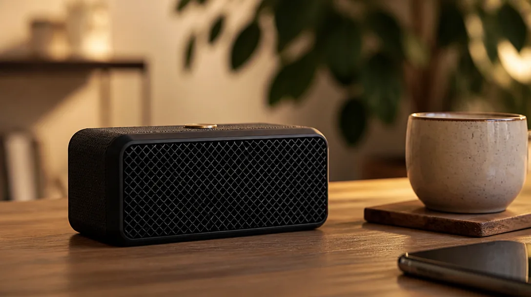 Marshall Emberton bluetooth-högtalare på trägolv bredvid kaffekopp i hemmamiljö