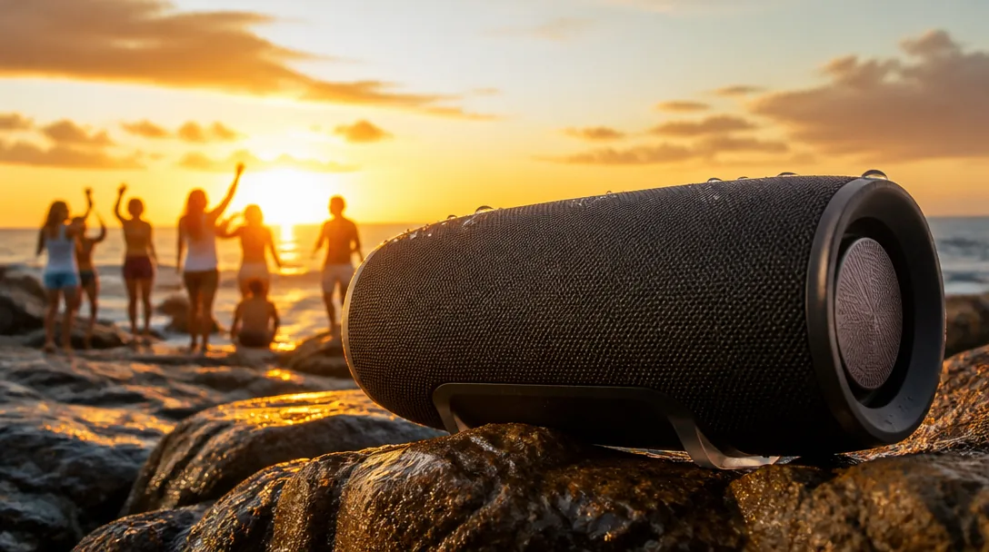 JBL Xtreme portabel partyhögtalare på klippor vid strandsolnedgång