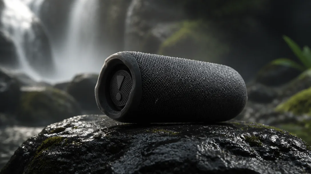 JBL Charge 6 bluetooth-högtalare på mörk våt stenytan utomhus med vattendroppar