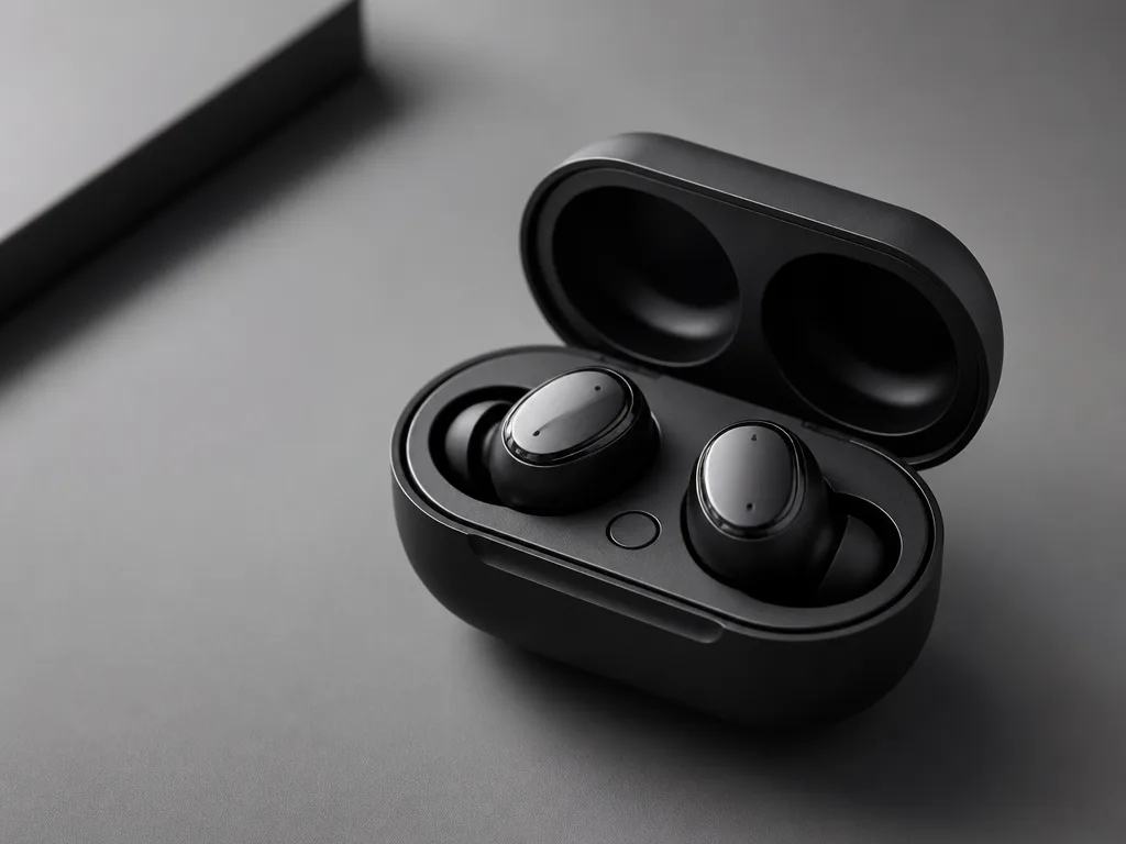 Trådlösa earbuds i laddningsfodral på grå yta med mjuk sidobelysning – produktfotografi