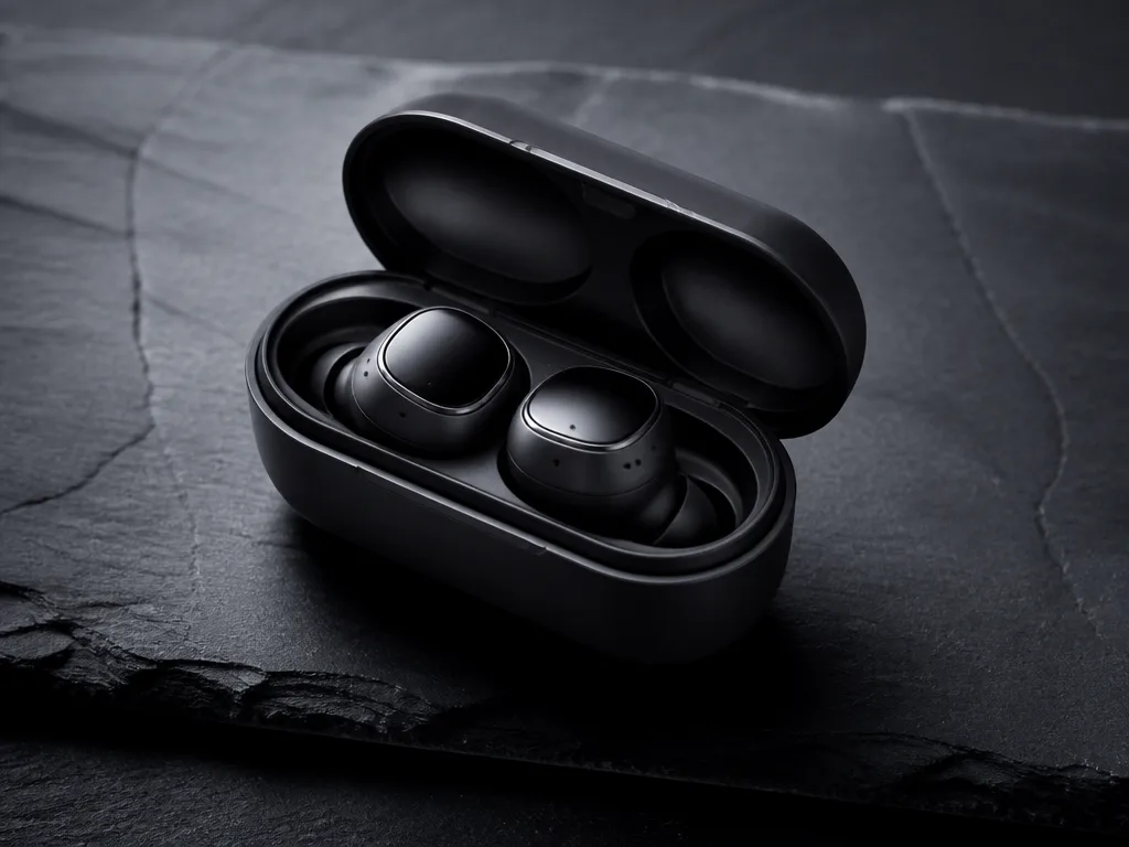 Premium trådlösa earbuds i laddningsetui på mörk skifferyta – produktfotografi