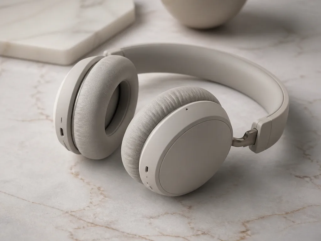 Premium trådlösa over-ear-hörlurar vilande på en ljus marmorbänk i mjukt studioljus