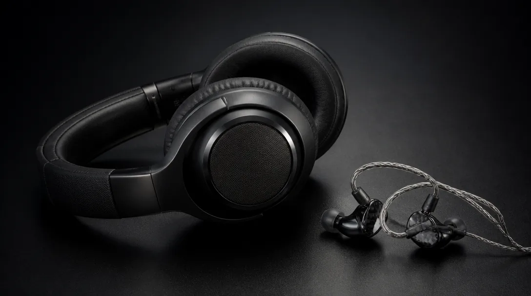 Brusreducerande over-ear hörlurar och öronsnäckor på minimalistisk studiobakgrund