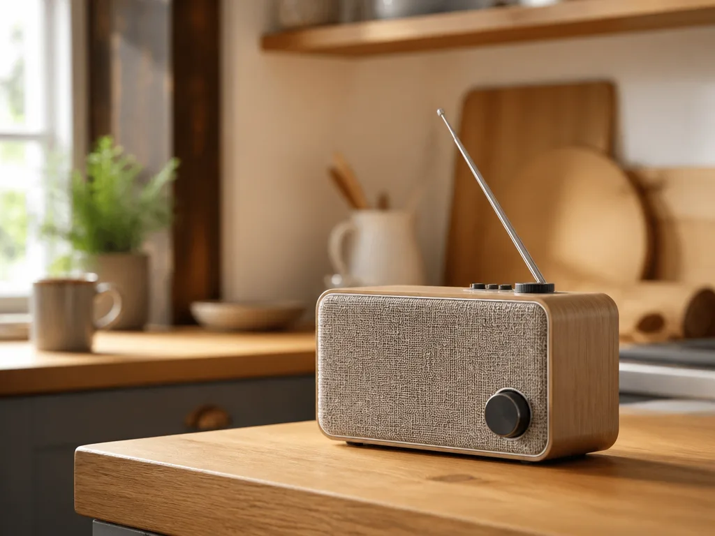 Modern DAB-radio i retrodesign på ett köksbord