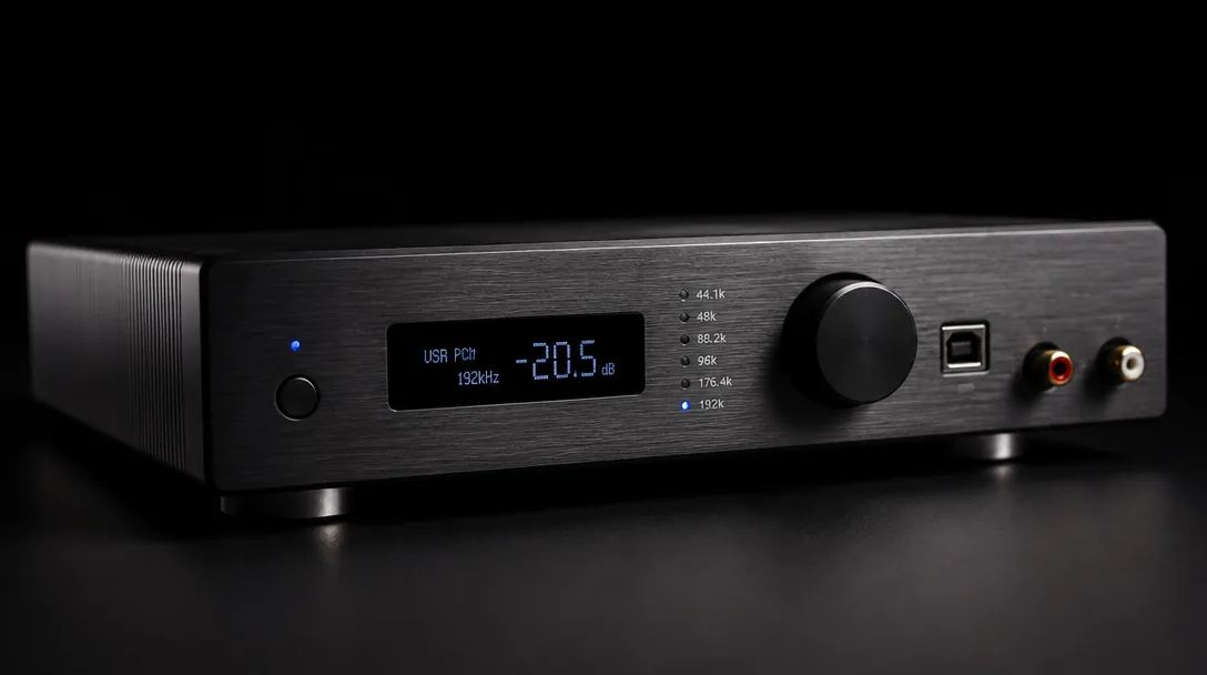 Premium USB-DAC i mörk studio-belysning, närbild på frontpanel