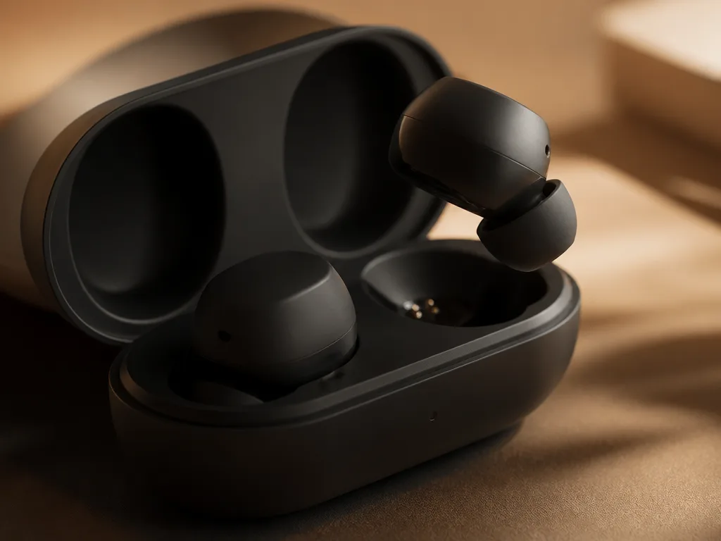 Denon PerL Pro laddningsfodral öppet med en hörsnäcka lyft ur facket
