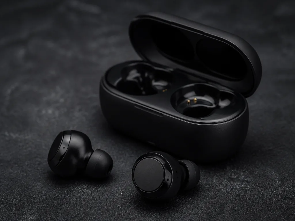 Svarta trådlösa in-ear-hörlurar med runda touch-ytor bredvid sitt laddningsfodral