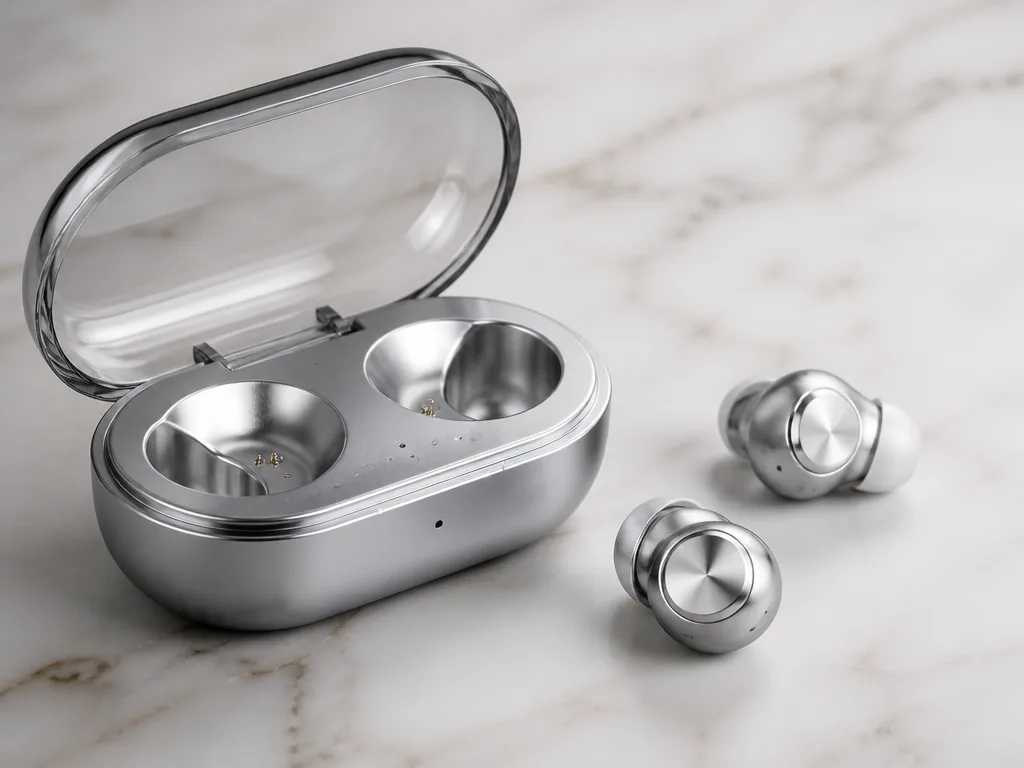 Silverfärgat laddningsfodral med genomskinligt lock och två trådlösa in-ear-hörlurar
