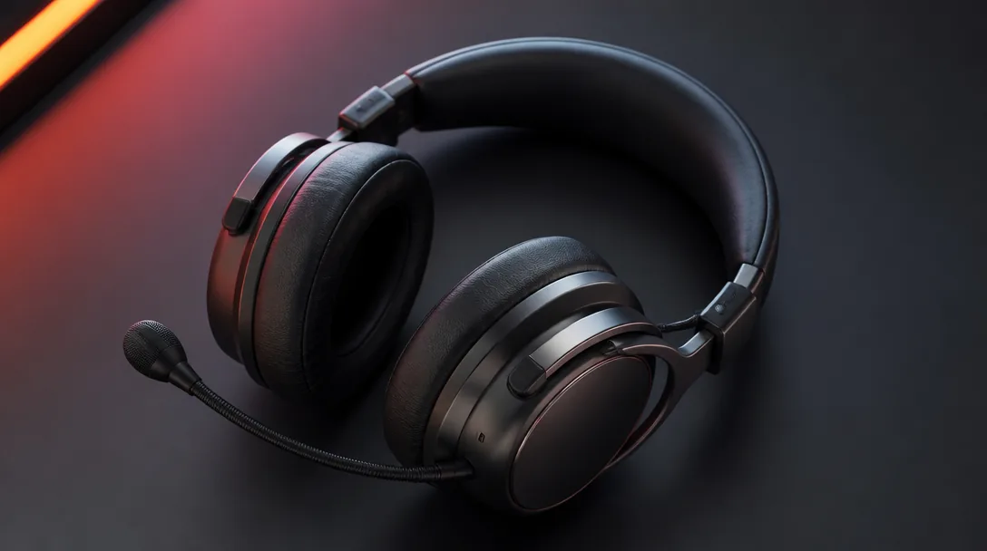 Gaming headset på mörk studiobakgrund med fokusljus på over-ear-konstruktionen