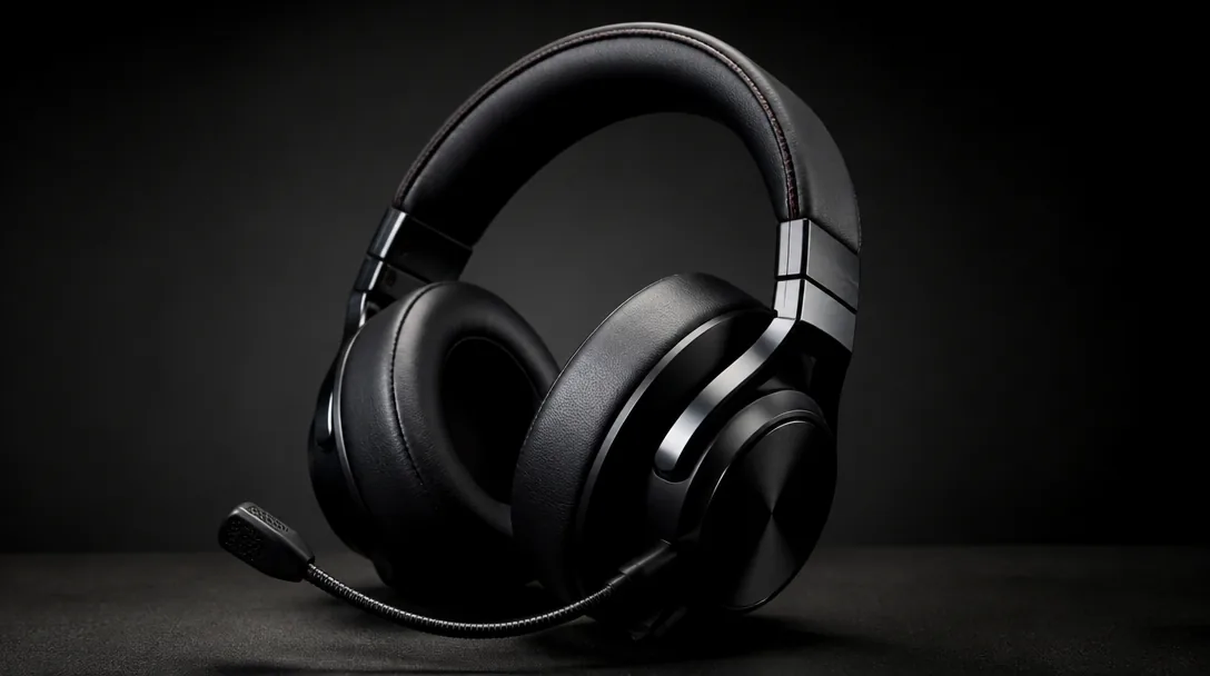 Premium gaming headset med bommikrofon på mörk studiobakgrund med fokusljus