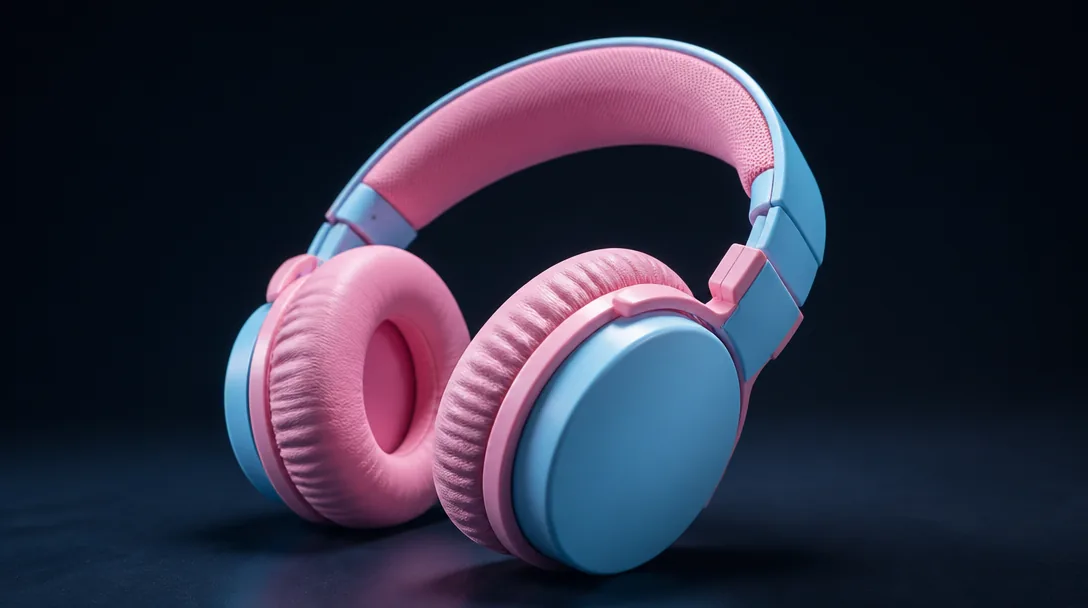 Färgglada barnhörlurar i over-ear-format mot mörkgrå studiobakgrund, elegant och fokuserat ljus