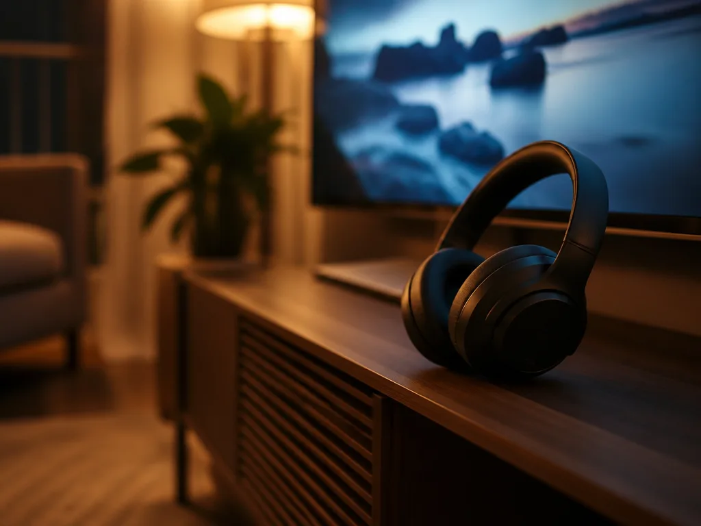 Trådlösa over-ear-hörlurar på ett tv-bänk i ett mysigt vardagsrum med tv:n tänd i bakgrunden