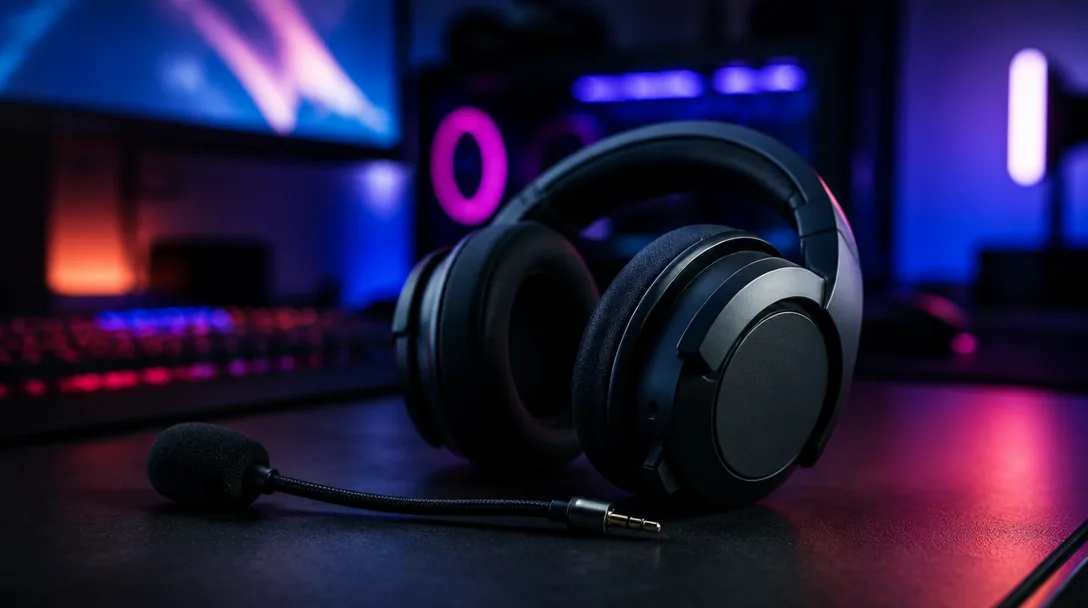 HyperX gaming headset med avtagbar mikrofon på mörkt gamingskrivbord med RGB-belysning i bakgrunden