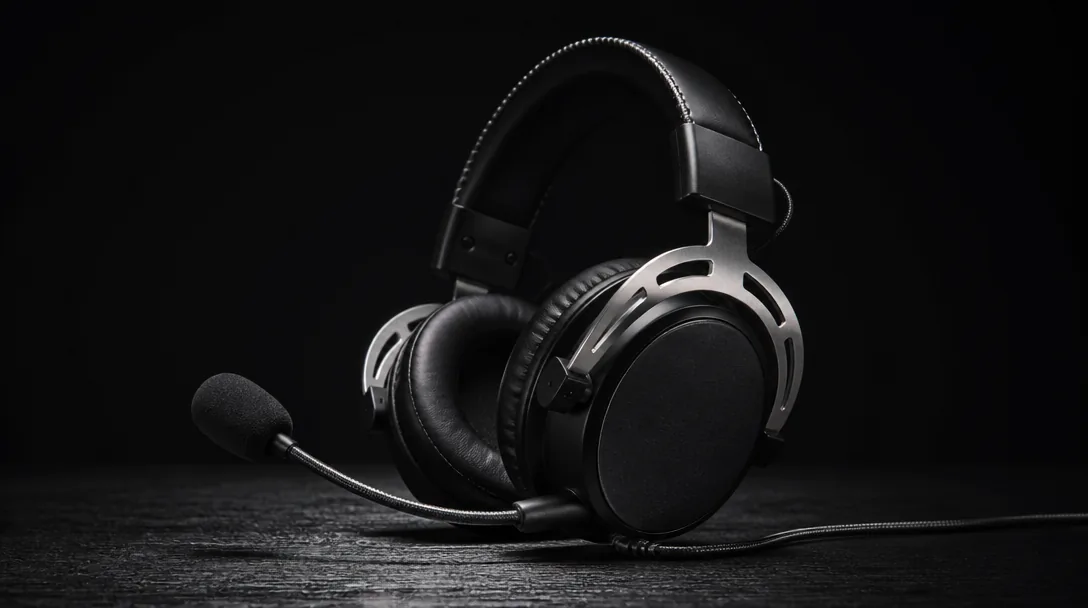 HyperX Cloud Alpha gaming headset med aluminiumram på mörkt skrivbord i dramatisk sidoljus