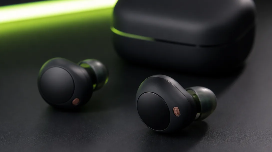 Sony true wireless in-ear hörlurar på mörk grafityta i studiomiljö