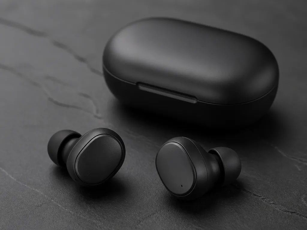 Premiuminpackade trådlösa earbuds med laddningsetui på mörk skiffer – produktfotografi