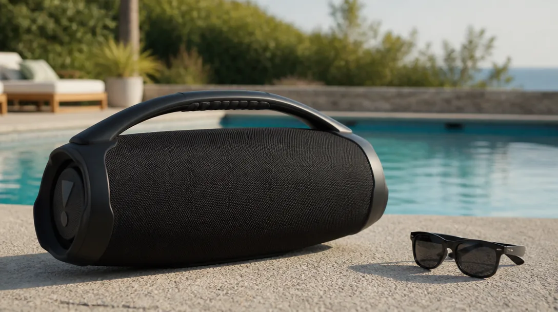 JBL Boombox stor högtalare vid poolkant med solglasögon bredvid i sommarmiljö