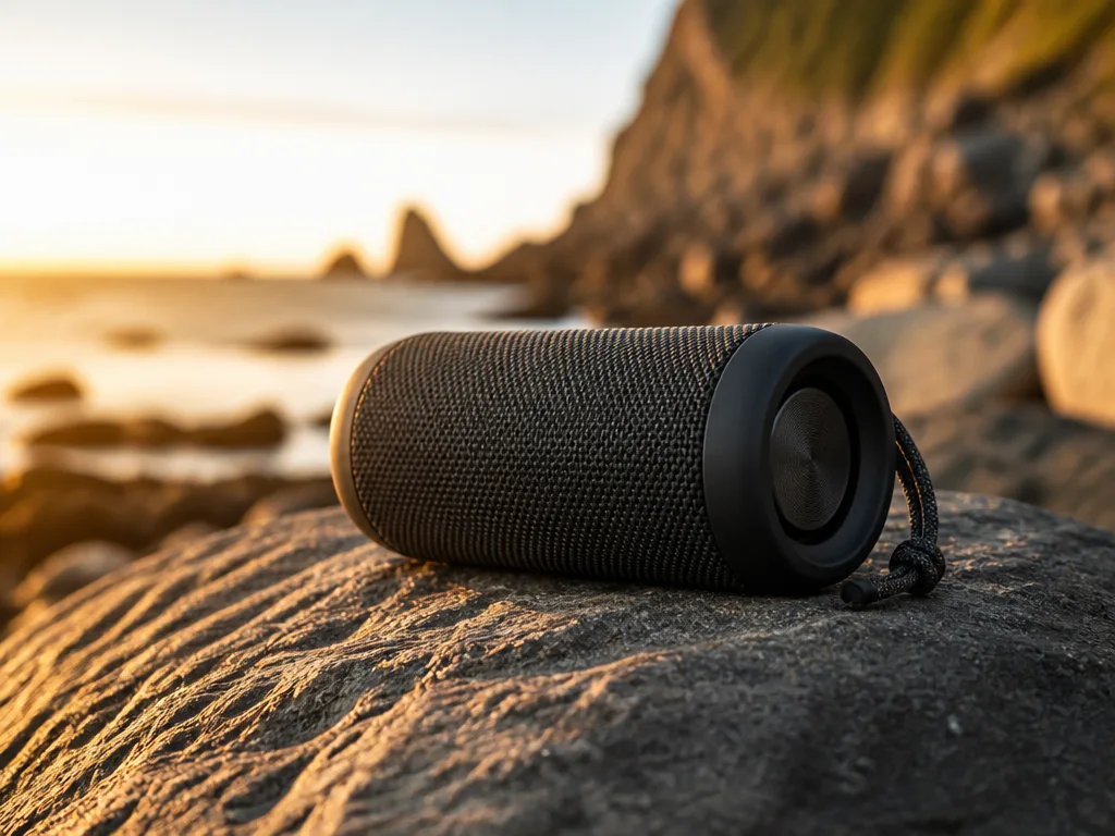 Robust bärbar bluetooth-högtalare i tygklädsel på klippor vid stranden i kvällsljus