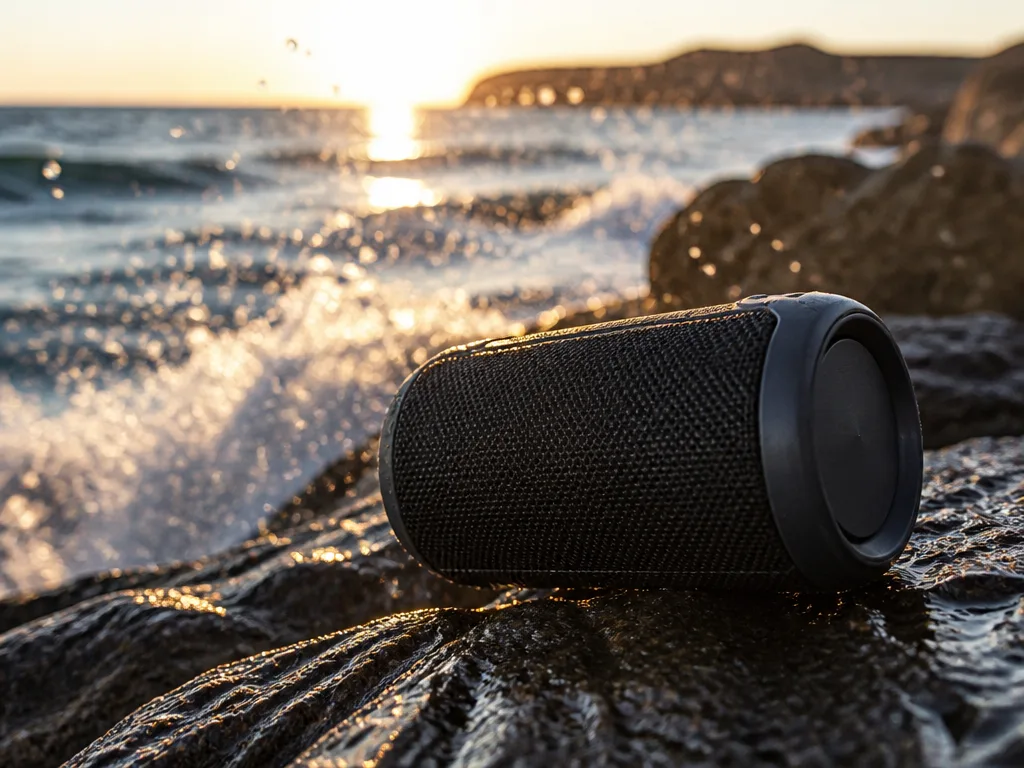 Robust bärbar bluetooth-högtalare med bärrem på klippor vid stranden i kvällsljus