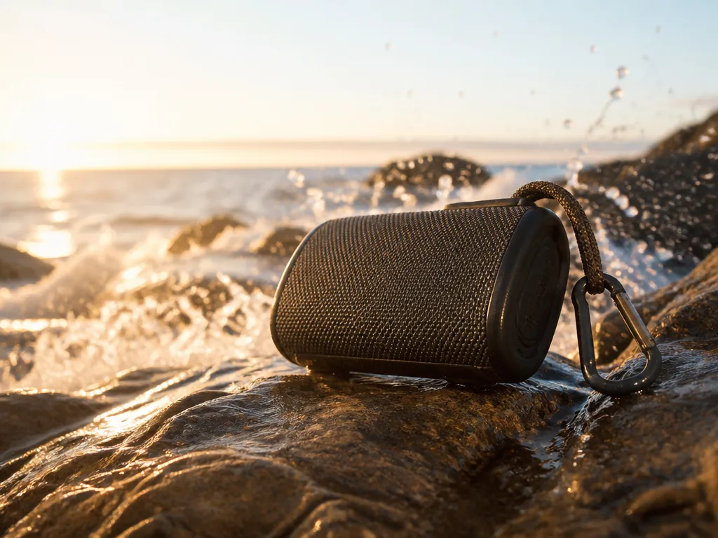 Robust bärbar bluetooth-högtalare med karbinhake på klippor vid stranden i kvällsljus