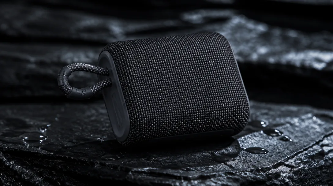 JBL Go 3 kompakt bluetooth-minihögtalare på mörk våt skiffer med IP67-vattentålighet