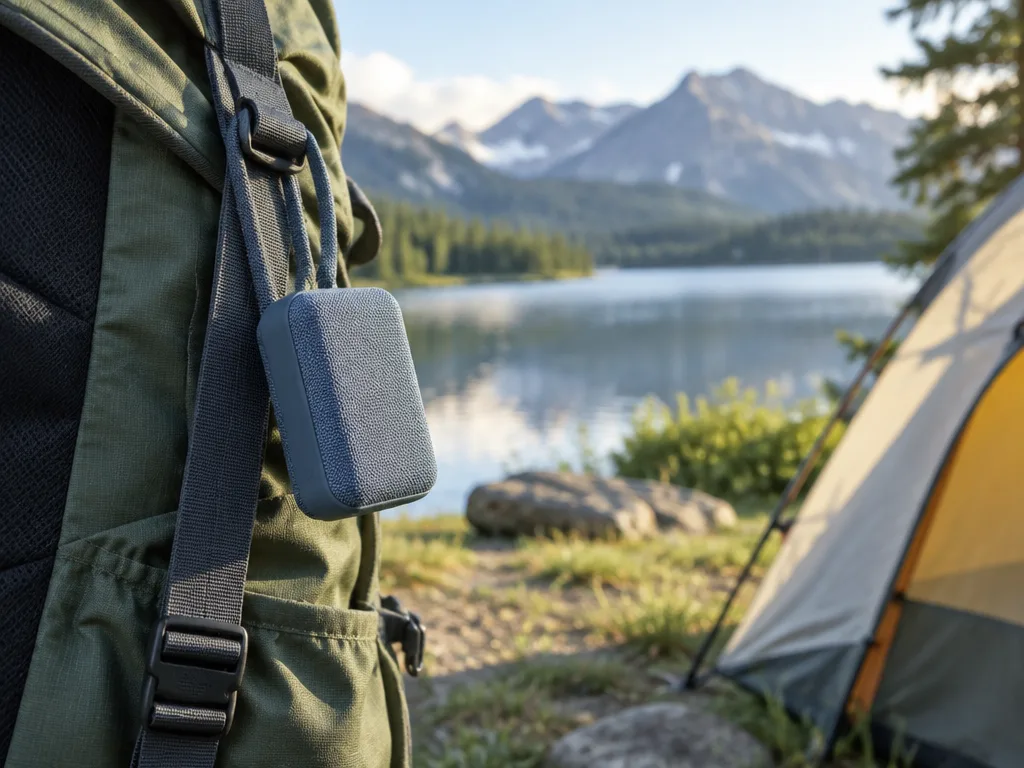 Liten rektangulär bluetooth-högtalare hängande i en textilögla på en ryggsäck vid ett tält och en fjällsjö