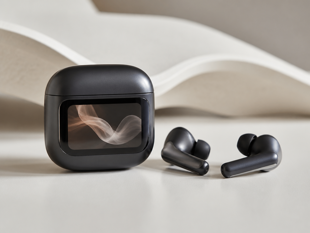 Trådlösa in-ear-hörlurar med stjälkdesign bredvid ett svart laddningsetui med pekskärm