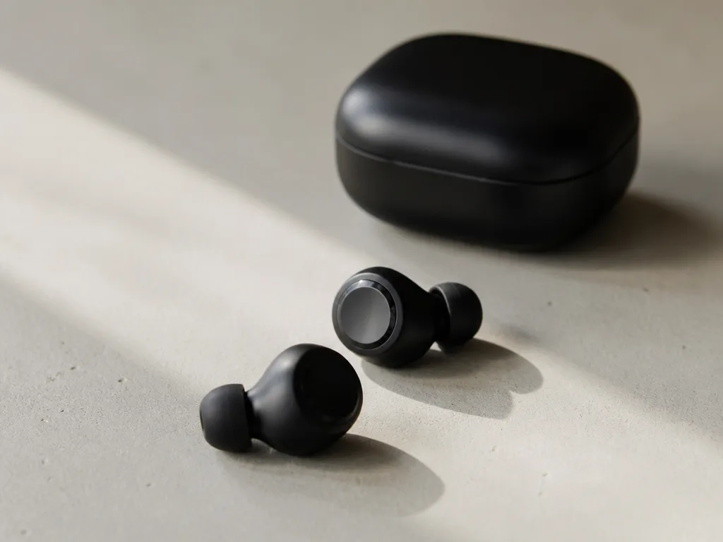 Svarta trådlösa in ear-hörlurar med laddningsetui på en ljus, minimalistisk yta