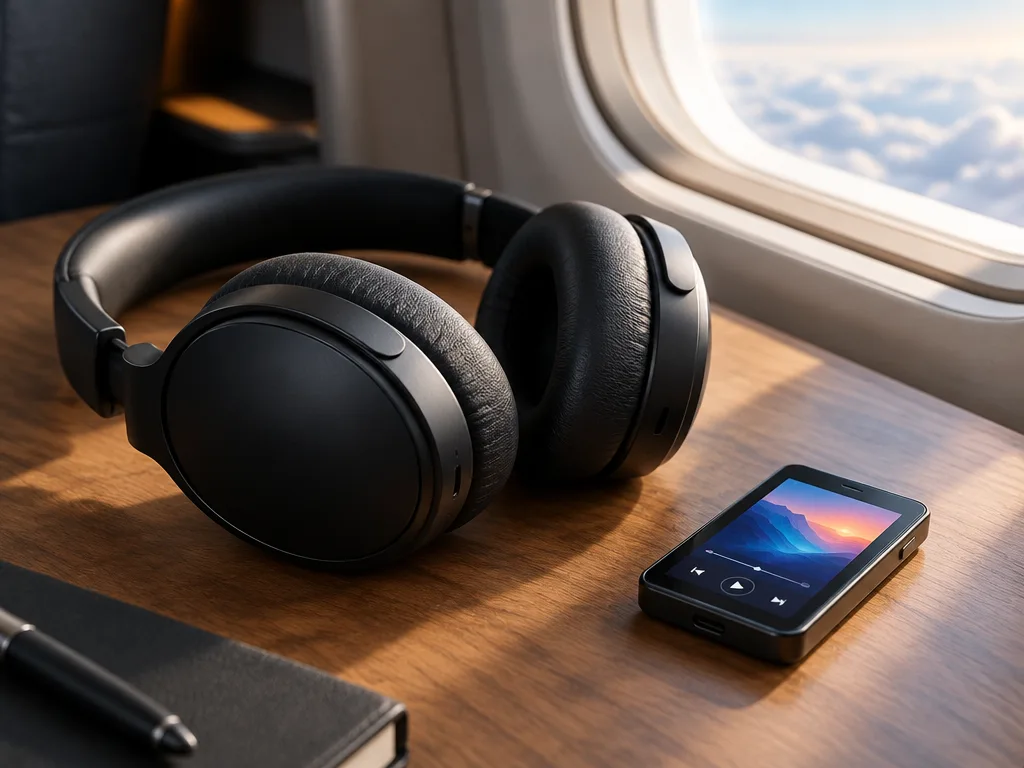 Svarta trådlösa over ear-hörlurar på ett skrivbord bredvid en liten sändare med färgpekskärm