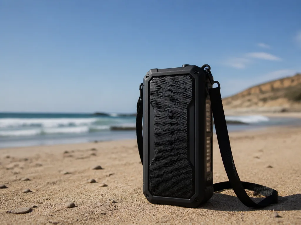 Robust bärbar bluetooth-högtalare med axelrem på sanden vid stranden i solsken