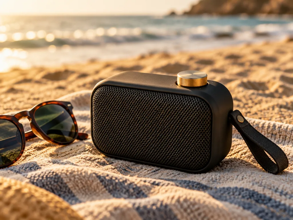 Kompakt svart bluetooth-högtalare med metallgaller och mässingsfärgad ratt på en randig handduk på stranden i kvällssol, bredvid ett par solglasögon
