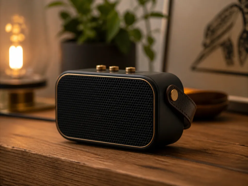 Marshall-högtalare i klassisk svart och mässing-design på ett träbord