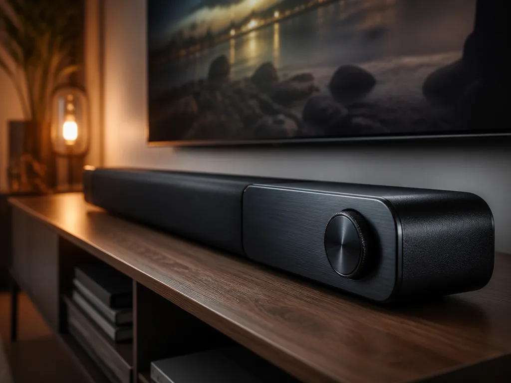 Svart soundbar med läderdetaljer och metallreglage under en TV i ett mysigt vardagsrum