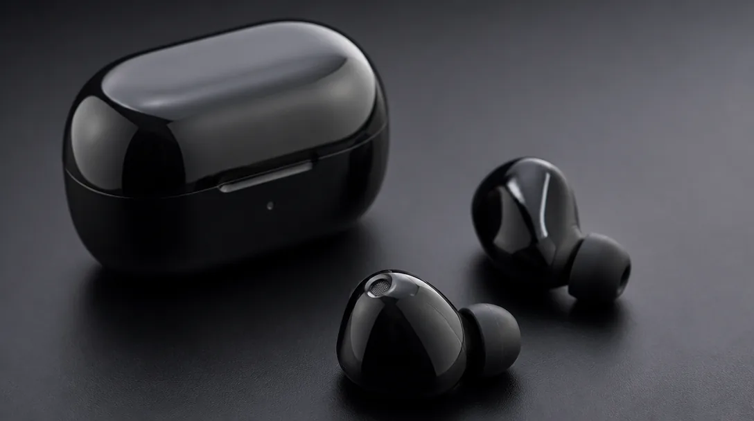 Supra Nero TX Pro kompakta true wireless in-ear hörlurar med laddningsfodral på mörk yta
