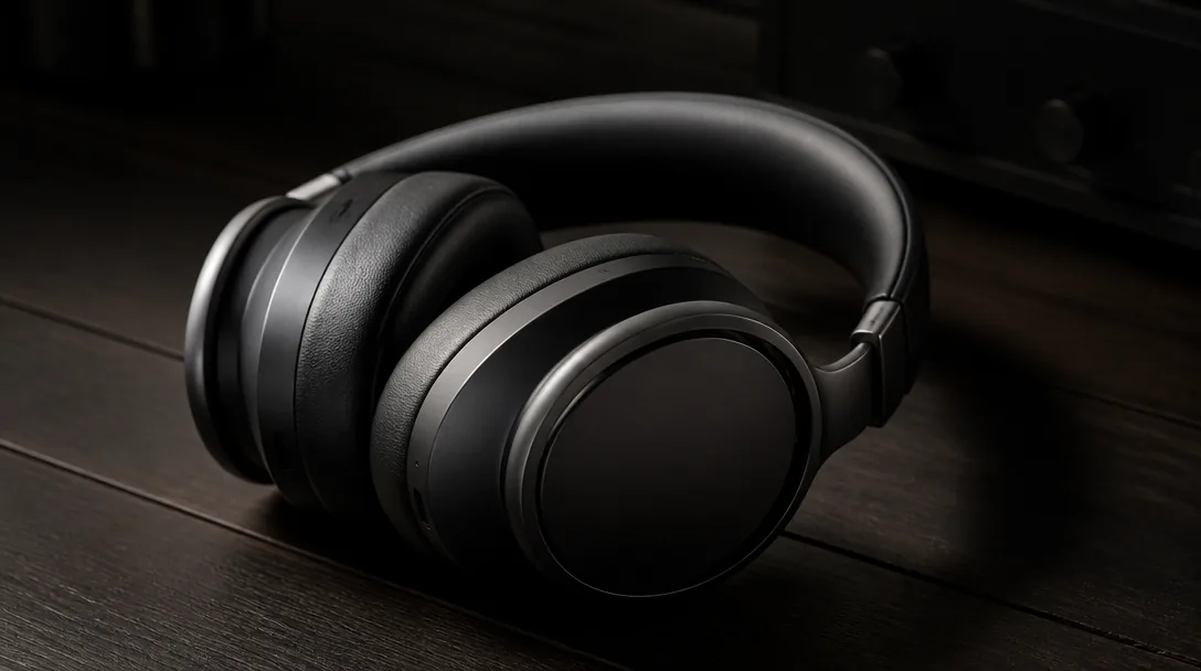 Premium over-ear brusreducerande hörlurar på mörkt träunderlag med riktat studioljus