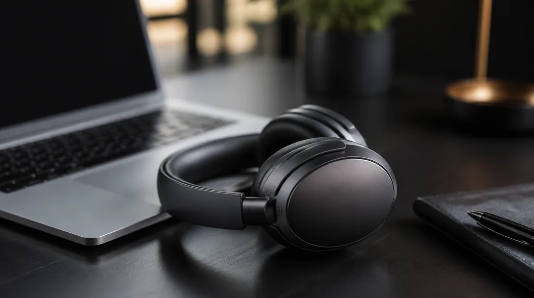 Over-ear hörlurar bredvid laptop på mörkt skrivbord, bokeh-bakgrund