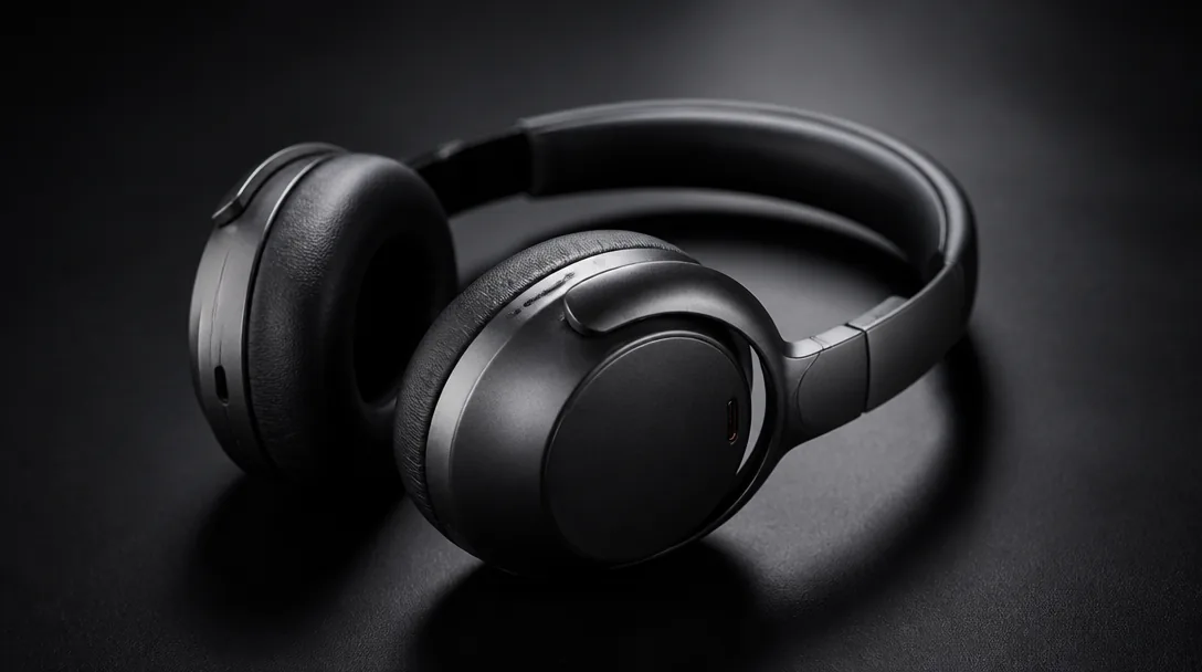 Sony trådlösa over-ear hörlurar i dramatisk studiomiljö mot djup grafitbakgrund