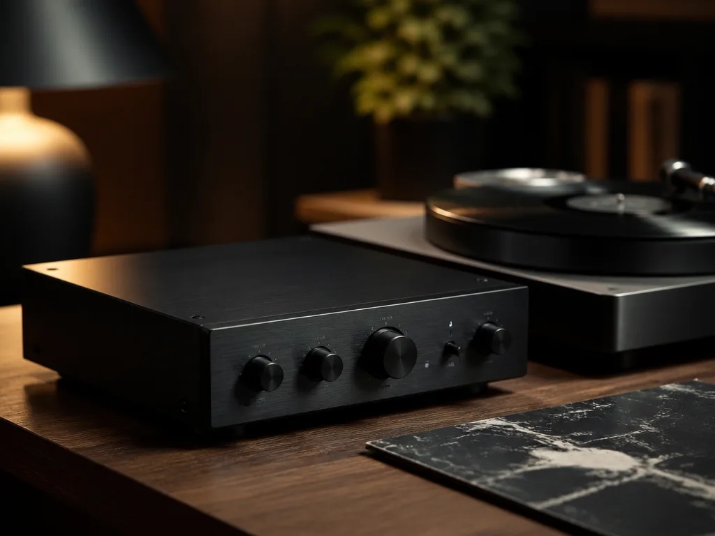 Svart phono-steg på träbord bredvid en vinylskiva – hi-fi-utrustning i studiomiljö