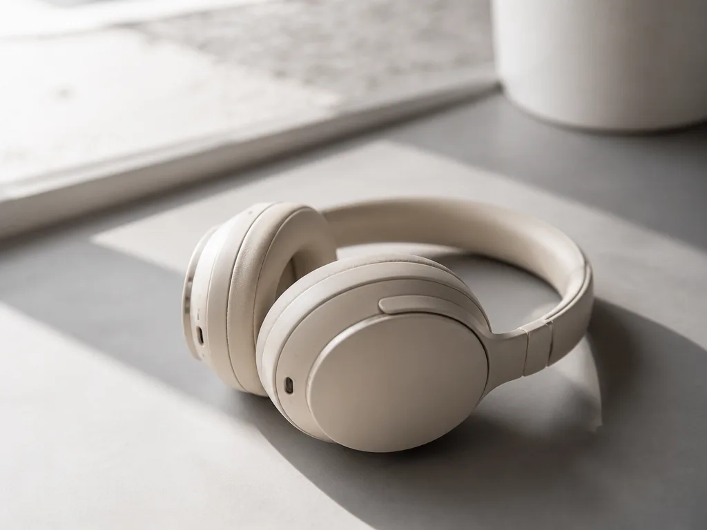 Trådlösa over-ear-hörlurar på grå yta med naturligt sidobelysning – produktfotografi