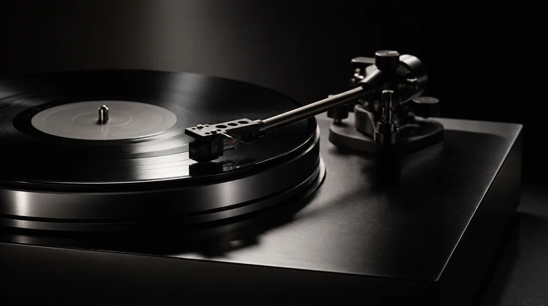 Vinylskivspelare med LP-skiva på tallriken, dramatisk studiomiljö