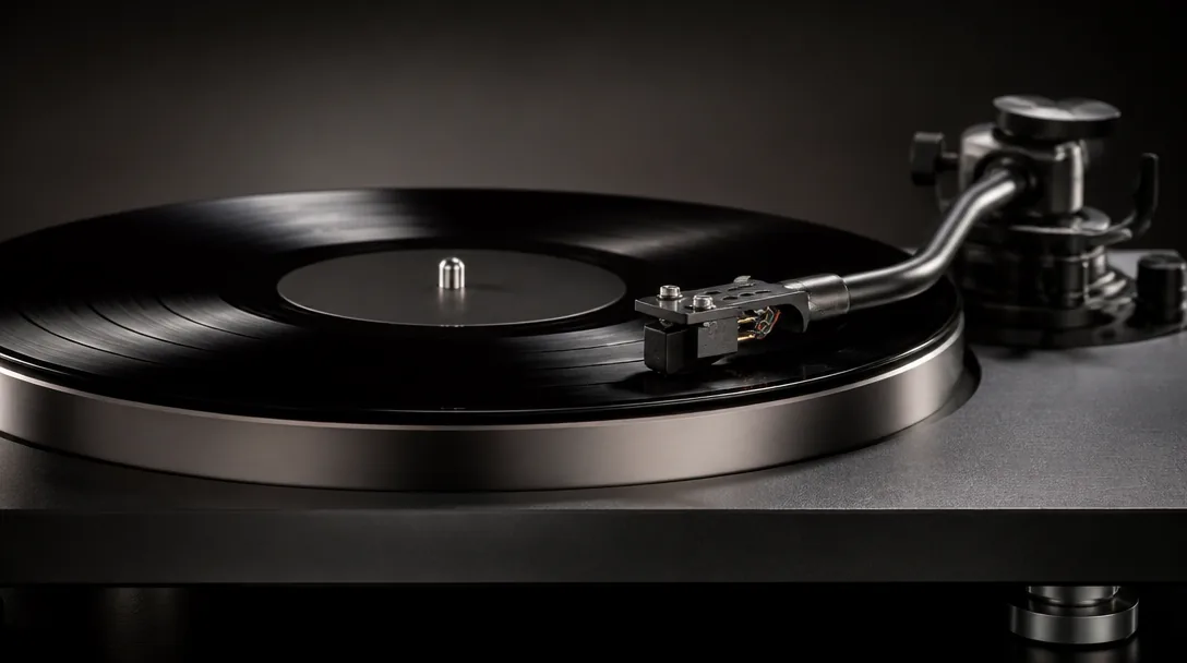 Vinylskivspelare med skiva på tallriken, dramatisk studiomiljö med fokuserat ljus mot mörk bakgrund