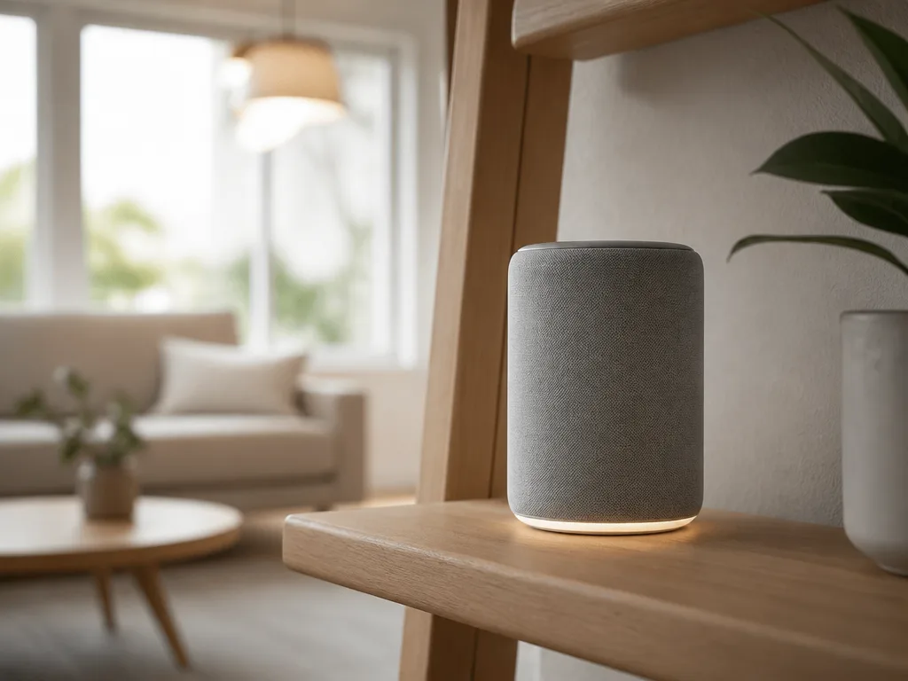 Smart högtalare i trä och tyg på en hylla i ett mysigt vardagsrum med varmt ambient ljus