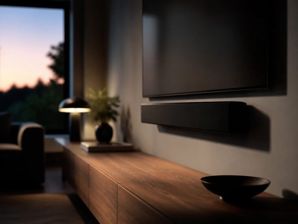 Svart soundbar monterad under en tv i ett mysigt, modernt vardagsrum