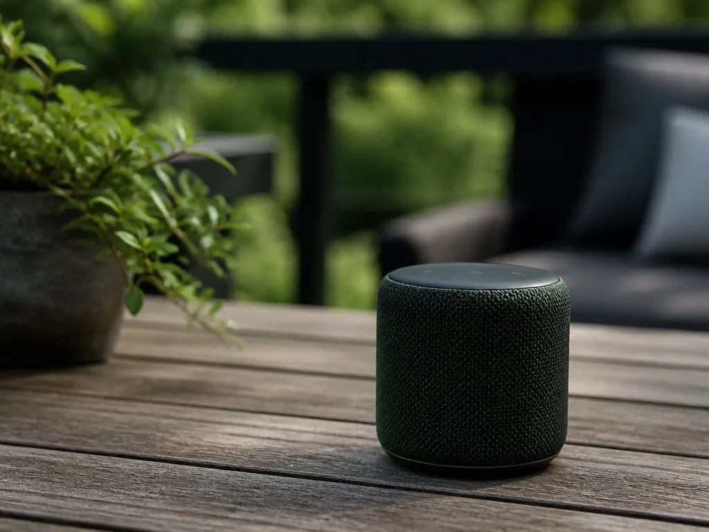 Bärbar Sonos-högtalare på ett bord utomhus i naturligt dagsljus